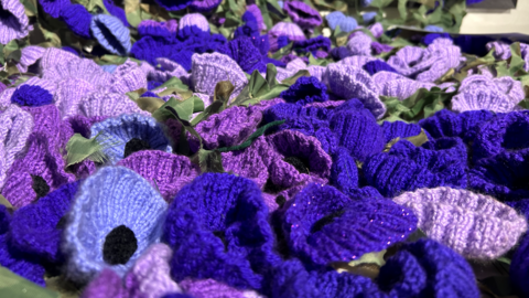 A close up image of a large number of knitted poppies in various shades of blue and purple.