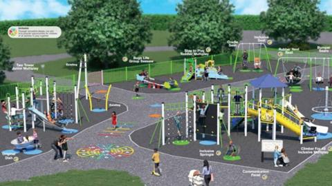 Artist impression of the new play area with swings, slides and other play equipment linked by a grey pathway with colourful games marked out