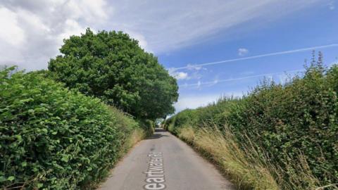 A Google Maps screengrab of Peartwater Road. The image shows a narrow country lane surrounded by trees and bushes on a sunny day.