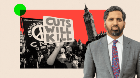 A treated image of disabled activists protesting outside Parliament. One holds a sign that reads 'Cuts will kill'."

