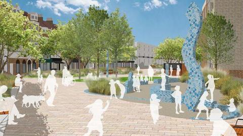 An artist's impression of Montague Garden's in Worthing. The picture includes several trees and a paved path winding through the area. A number of white silhouettes of people stand and sit in the area.