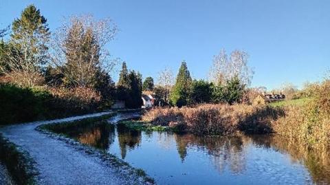 The image shows a river snaking through some land, with tall grass and trees on either bank. The sky is light blue and trees can be seen in the background.