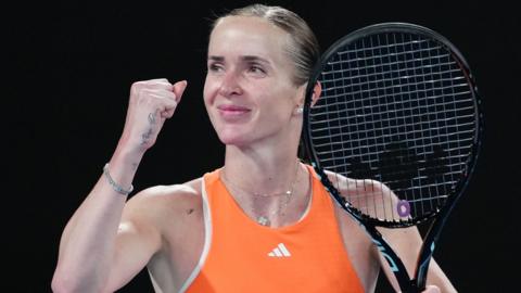 Elina Svitolina celebrates her victory over Coco Gauff at the Australian Open