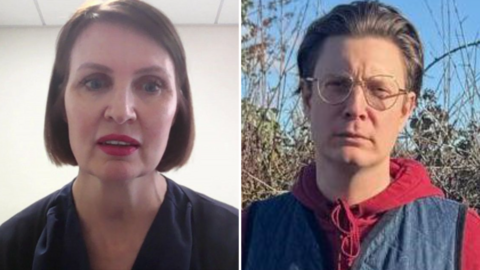 A woman with short dark hair looks at the camera, while the second image of this composite picture, a man with spectacles, wearing a red hoody under a blue gilet, looks at the camera