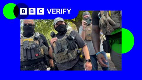Several armed ICE agents look surround a woman's car