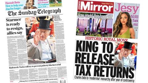 A composite of the front pages of the Sunday Telegraph and the Sunday Mirror on 21 Sunday 2026.