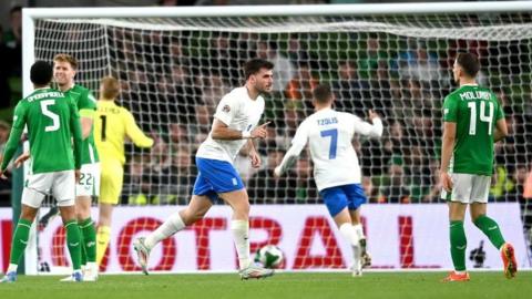 Fotis Ioannidis celebrates scoring for Greece