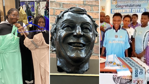 A composite of three images. In the left image, a group of young people indoors holding up long dresses on hangers, with clothing racks and costumes in the background. In the middle is a bronze bust of a man's head with short hair in front of a brick wall. In the right image a group of men and women in football T-shirts stood around a table with Sky Blues merchandise, a cake and drinks
