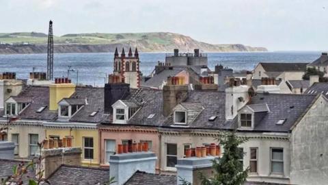 The tops of households, with a lot of chimneys, in the background you can see the sea and green headland.