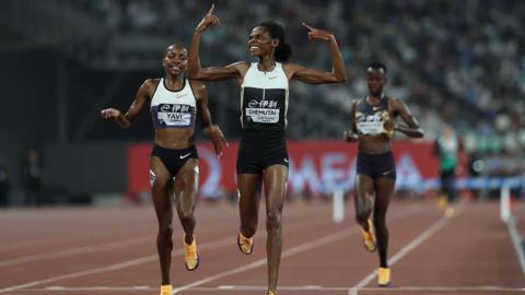 Peruth Chemutai of Uganda celebrates winning the Women's 3000m Steeplechase race