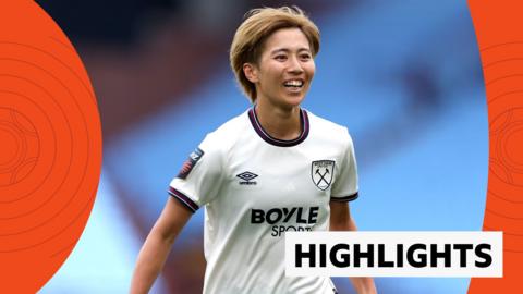 Riko Ueki celebrates goal, smiling and wearing a white West Ham shirt 