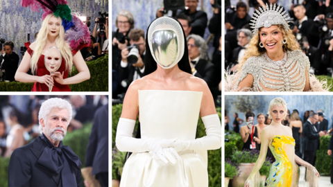 A composite image of 5 people in flamboyant costumes at the Met gala. In the centre in a largest part of the image is a women in white wearing a mask over her face