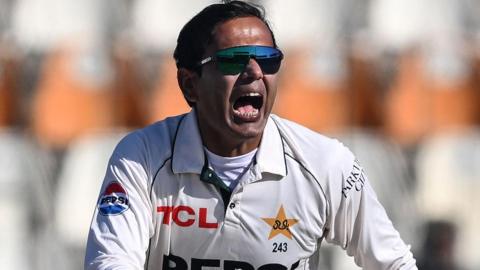 Noman Ali celebrates taking a wicket for Pakistan