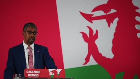 First Minister of Wales, Vaughan Gething addresses the audience at the Welsh Labour manifesto launch at the Llay Miners Institute on June 21, 2024 in Wrexham,