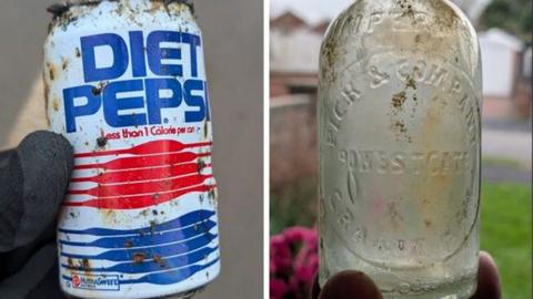 A composite image of an old Diet Pepsi can on the left and a clear thin-necked bottle on the right.