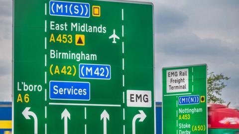 Green motorway sign near East Midlands Airport