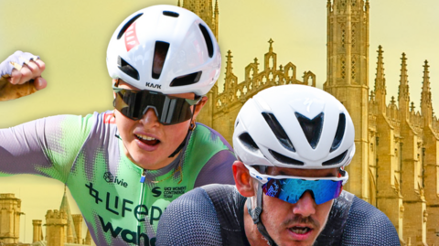 Image of two cyclists wearing spandex, helmets and sunglasses against the backdrop of a Cambridge University college chapel. 