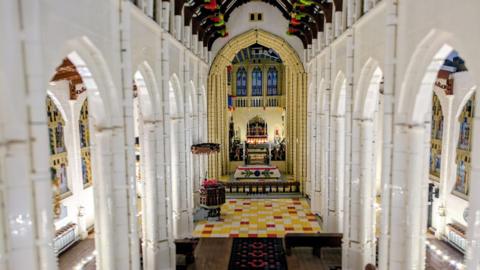 Inside shot of Lego model of St Edmundsbury Cathedral in Suffolk