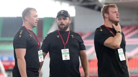 Tommy Reffell, Nicky Smith and Dewi Lake assessing the stadium in Kobe