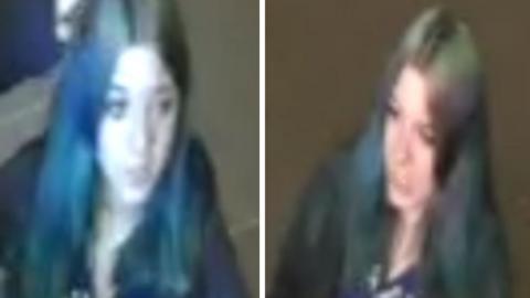A composite picture of two CCTV images. Both show a young woman from different angles. She is wearing a dark top or jacket and has long blue hair.