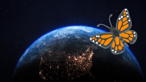 a composite image of a butterfly emoji floating above the Earth in space