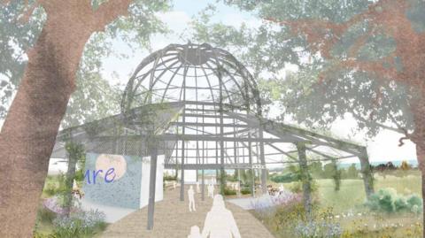 An artist illustration of the redeveloped aviary: a large metal structure, situated in a park surrounded by trees. The drawing features silhouettes of people walking into the park via a landscaped path.