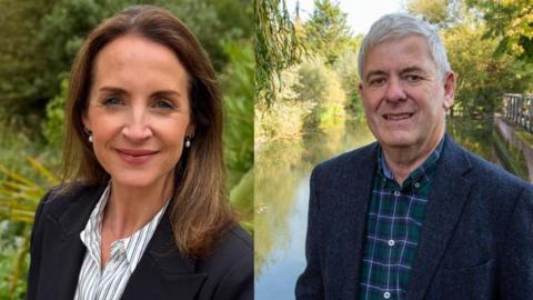 A composite image of a woman with brown hair, and wearing a black suit and white and black striped shirt. Next to her is a man with white hair, a dark suit and checked blue and green shirt. 