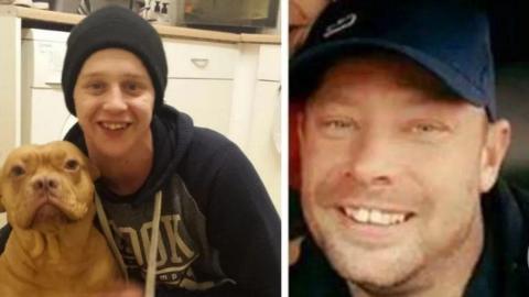 Close-up images of two men wearing hats. The man on the left is wearing a black beanie and a black hoodie and is hugging a dog. The man on the right is smiling and wearing a black hoodie and blue cap. 