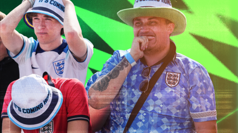 Three England fans look on in worry wearing replica shirts and bucket hats