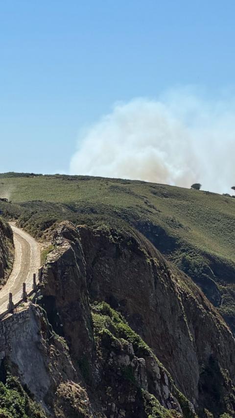 White smoke rising from green headland