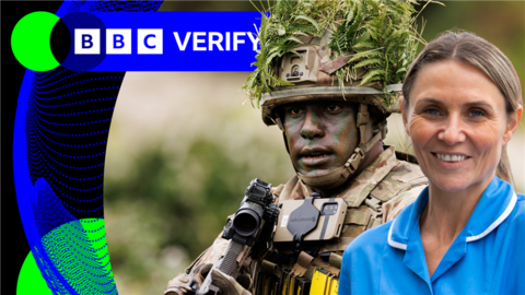 A composite image of a soldier and a NHS worker