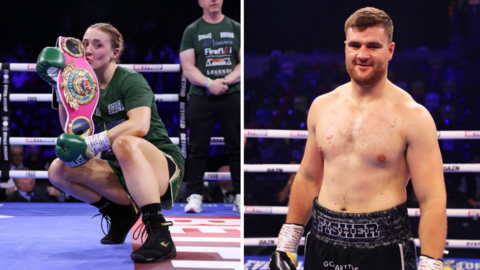 Split image of Rhiannon Dixon kissing her world title beside a smiling Johnny Fisher after a fight