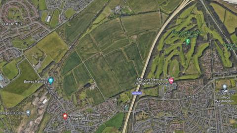 A map image showing the land north east of Springwell village, where the farm would be based. It is surrounded by Gateshead's Black Hill village to the west and George Washington Golf Course to the east.
