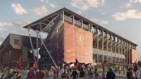 A visualisation of what the redevelopment of Villa Park's North Stand could look like in Birmingham, showing the exterior of the stand with lots of fans waiting outside. The stand says Aston Villa.