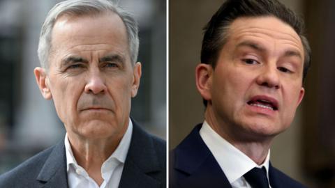 A split image showing Mark Carney on the left and Pierre Poilievre on the right. A white vertical line separates them