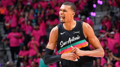 Victor Wembanyama celebrates during the San Antonio Spurs' win over the Portland Trail Blazers in game one of their 2026 NBA play-off series