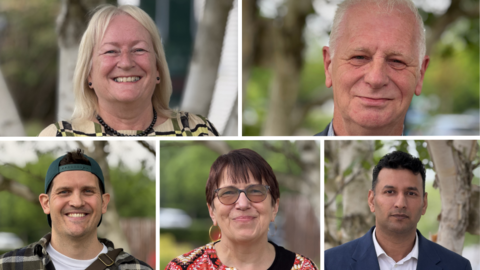 A composite of five people smiling into the camera 