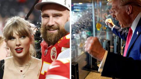 A composite image showing, on the left, Taylor Swift and her boyfriend Travis Kelce after the Super Bowl last year. On the right, Donald Trump at an NFL game last October during his presidential election campaign.