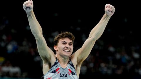 Stephen Nedoroscik of United States celebrates his performance on Pommel Horse during the Men's Artistic Gymnastics Team Final