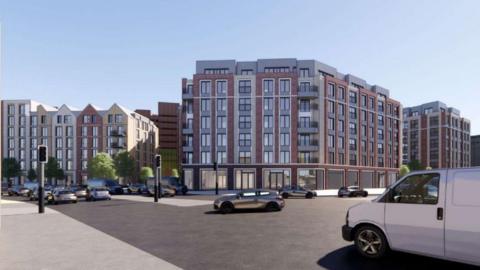 A modern block of flats behind a road, as generated by a computer.