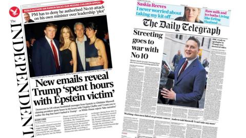 A composite image of the front pages of the Daily Telegraph and the Independent on 13 November 2025
