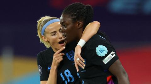 Chloe Kelly and Michelle Agyemang celebrate Agyemang's late equaliser