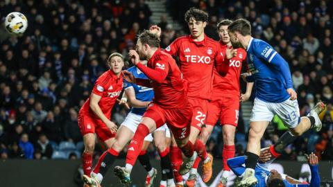 Nicolas Raskin heads home a Connor Barron corner in Rangers' 2-0 Scottish Premiership victory over Aberdeen on Tuesday