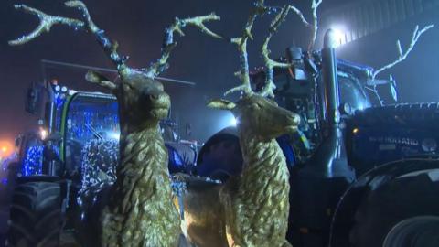 Two gold reindeer figures attached to a tractor as part of a Christmas parade display