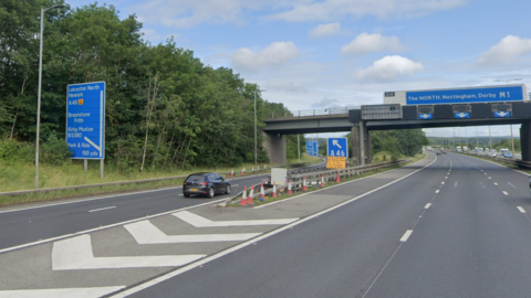 M1 northbound exit slip road at junction 21A, which leads on to the A46 near Kirby Muxloe, Leicestershire