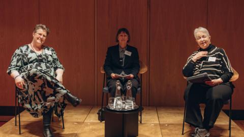 College Archivist Frieda Midgley; Dr Sally Waugh and Dr Gillian Sutherland at a talk about the Bletchley Park exhibition