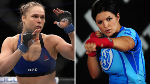 Split image of Ronda Rousey in action during a UFC fight and Gina Carano training