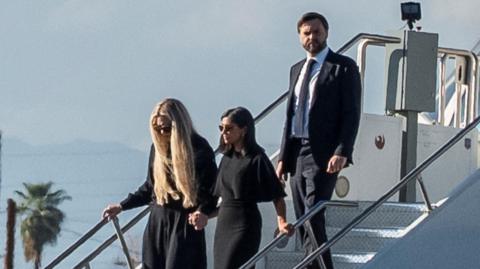 U.S. Vice President JD Vance, his wife Usha Vance and wife of slain conservative activist Charlie Kirk, Erika Frantzve, exit Air Force Two
