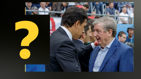 Wales' Chris Coleman and England's Roy Hodgson greet each other inside a BBC quiz graphic