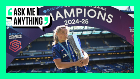 Chelsea's Erin Cuthbert holding the Women's Super League trophy with an Ask Me Anything border around her